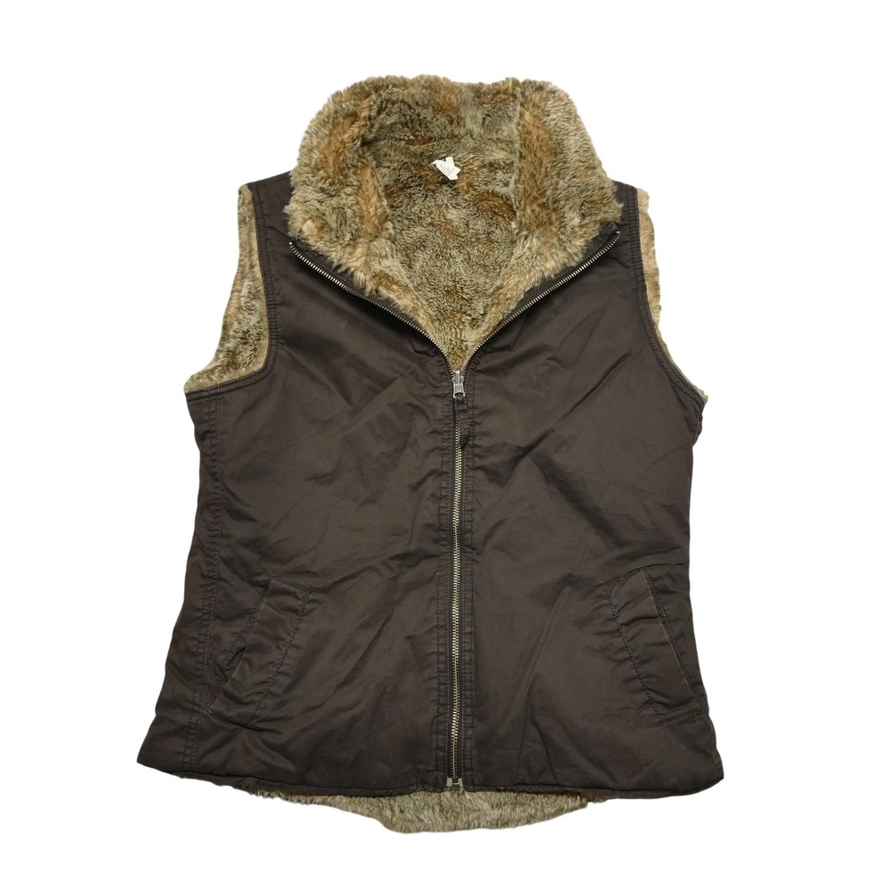 Gap‎ Vest Womens Medium Brown Reversible Faux Fur Lined Full Zip Pockets Cozy